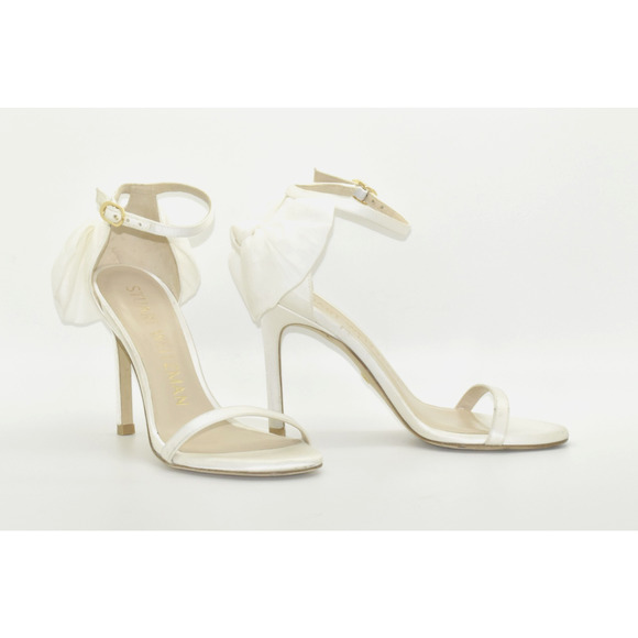 A7 Auth STUART WEITZMAN Nudist Satin W/Bow Ankle Strap Hi Heel Sandals Size 5 - Picture 1 of 6